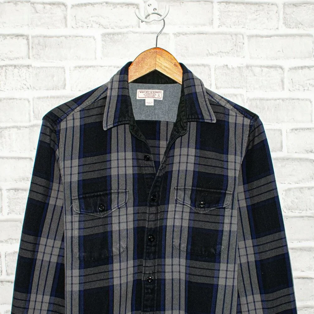 Wallace & Barnes Flannel Shirt Gray Blue Plaid Button up SMALL